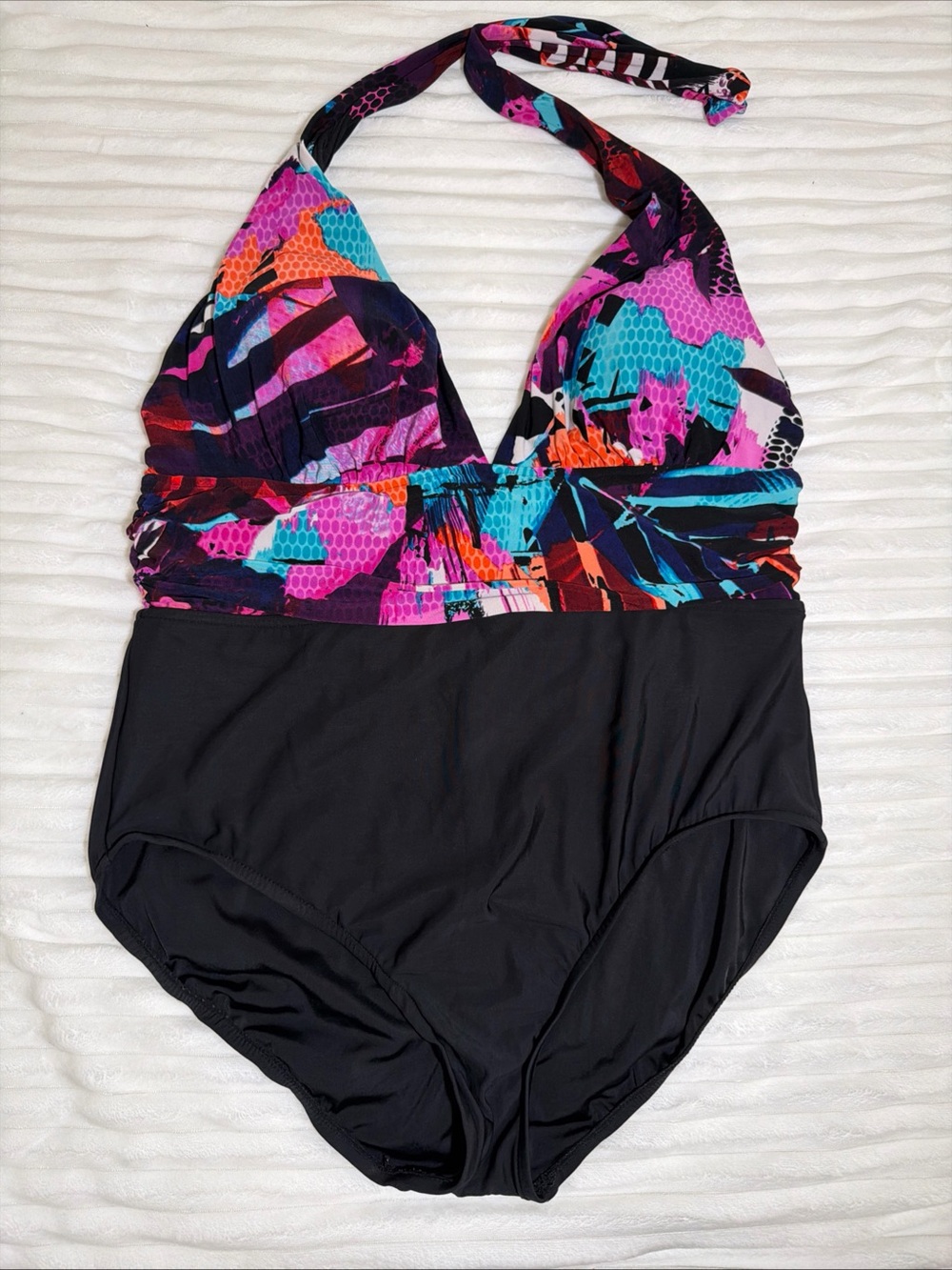 Halter One-Piece Swimsuit in Black with Bright Multi-Print